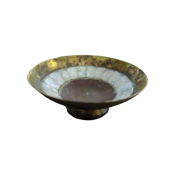 Other - Beautiful Vintage Brass & Mother of Pearl Shell Inlay Jewelry Bowl Pedestal MCM